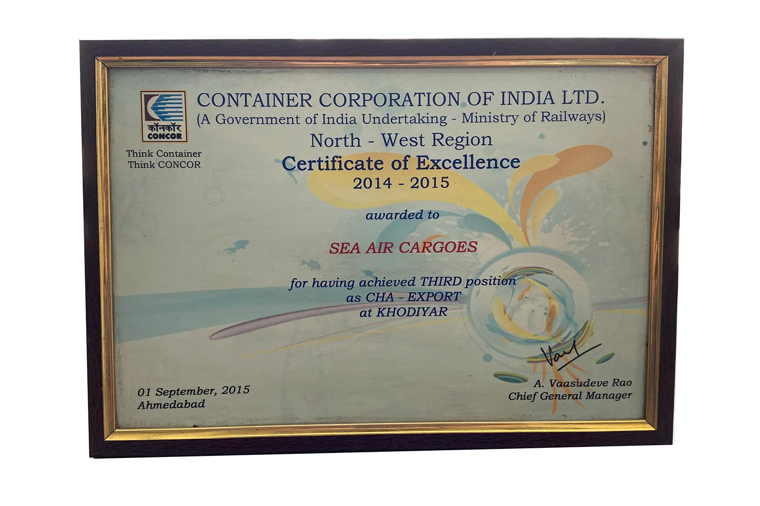 Certificate of Excellence 2014–15 — CONCOR — North-West Region, awarded to Sea Air Cargoes