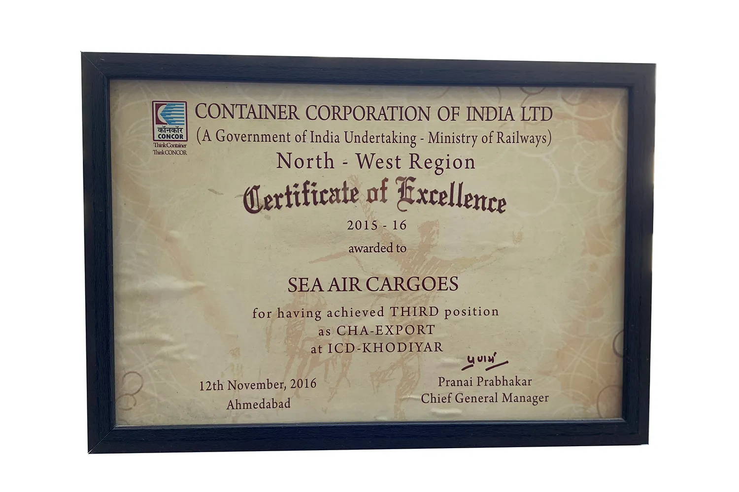 Certificate of Excellence 2015–16 — CONCOR — North-West Region, awarded to Sea Air Cargoes